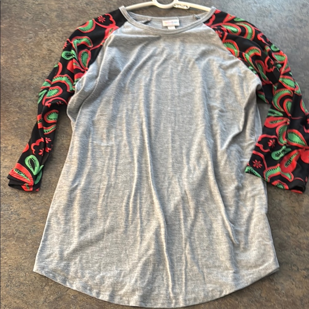 LuLaRoe Gray Top with Colorful Sleeves